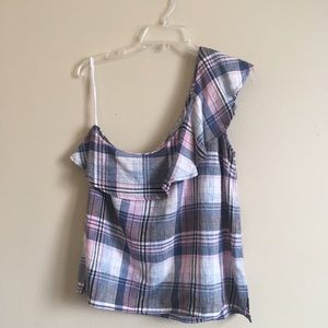 NWOT Cloth & Stone Linen Plaid One Shoulder Top